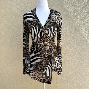 Cache Animal Print Wrap-Style Long Sleeve Top in Black Brown Cream